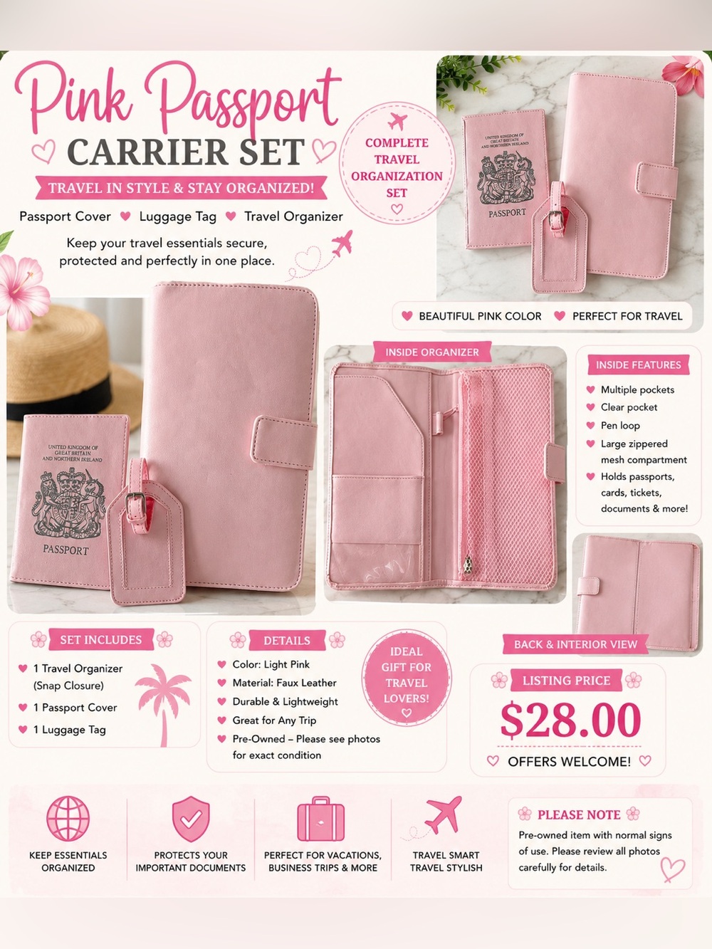 Passport Carrier Set — Pink Travel Organizer Set